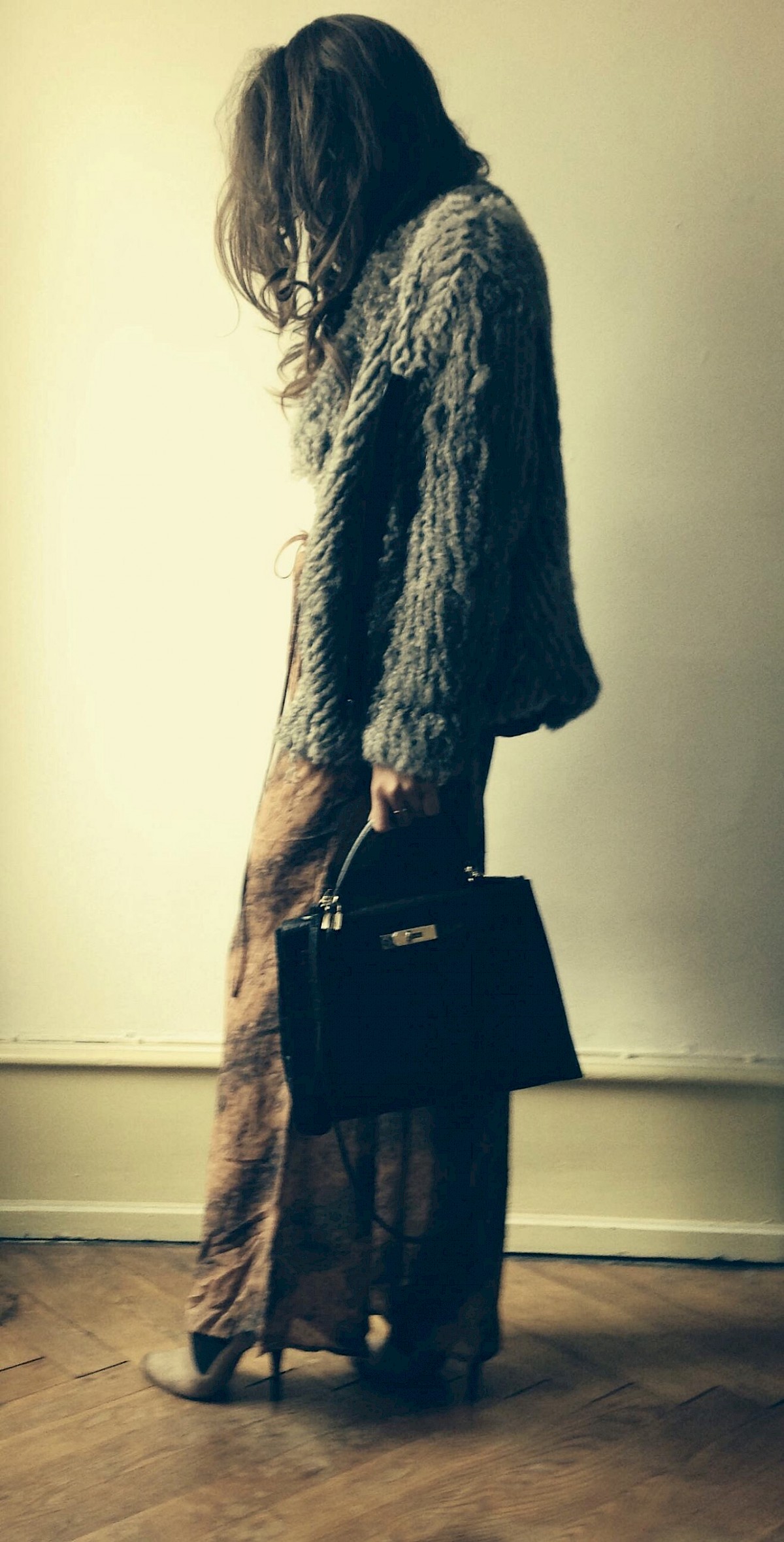 Helmut Lang rabbit fur knit asymmetrical Coat KENZO safari skirt vintage Louboutins ankle boots taupe Kelly '32