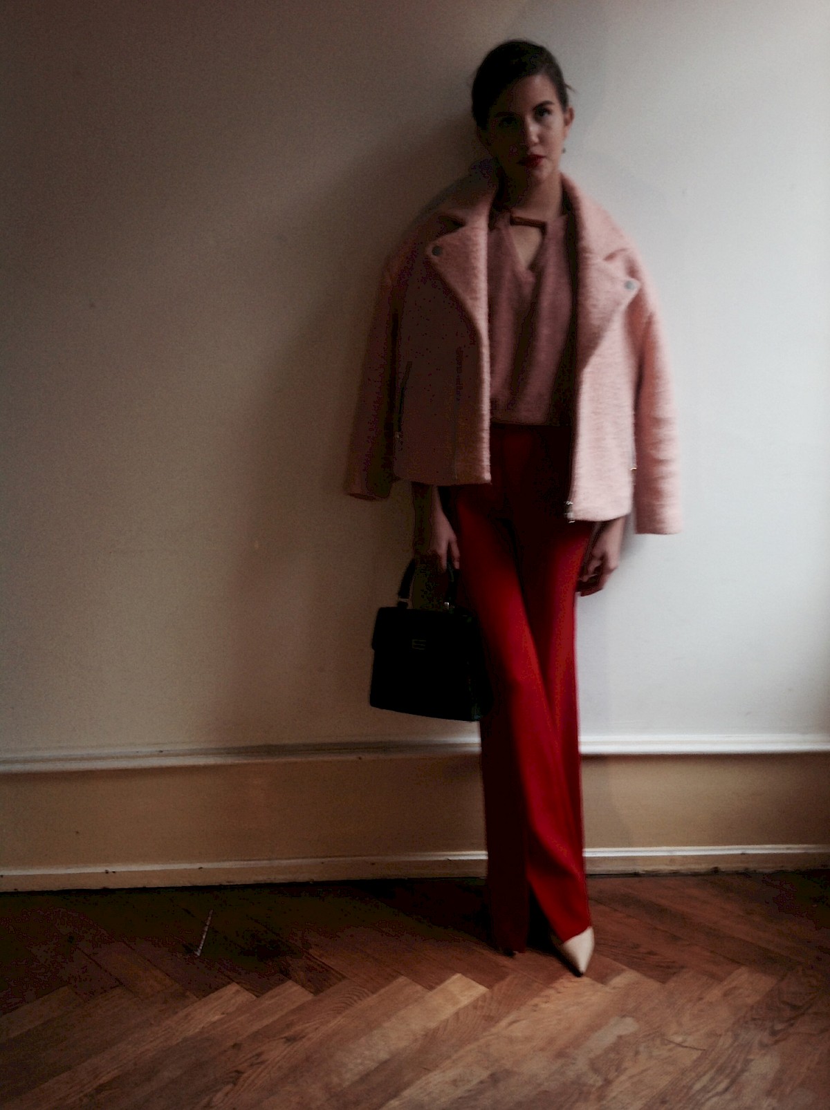 Boucle wool coat salmon motorcycle Red Amazone Made In France pants 90s supermodel Sonia Rykiel knit Old rosé nude