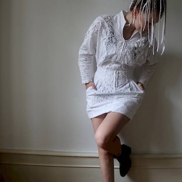 Beccy 90s all white dress dreads all white dove Isabel Marant 80s wedding bride rockstar