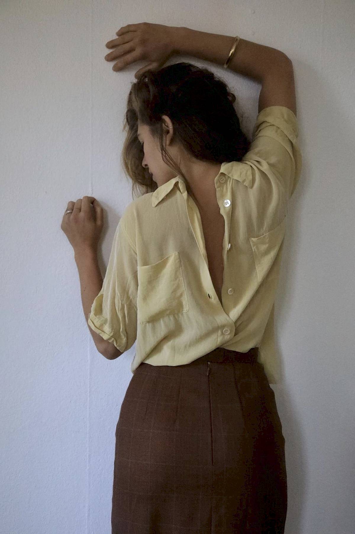 Mari the wrong way around silk vintage Jil Sander blouse 90s high waist skirt